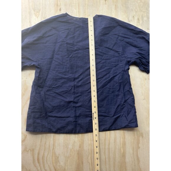 COS Sz 2 Navy Linen Shirt Top Puffy Sleeves V Neck Lightweight Blue - Picture 6 of 7